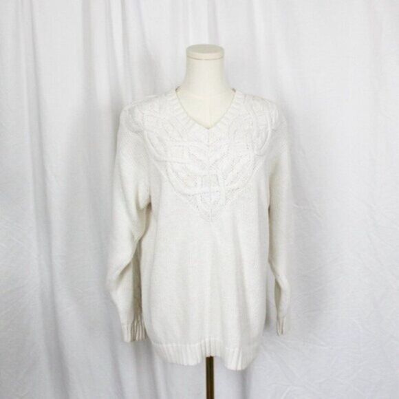 Vintage Sweaters - Vintage Women's White Long Sleeve V-neck Sweater with Cable Knit Accents Medium